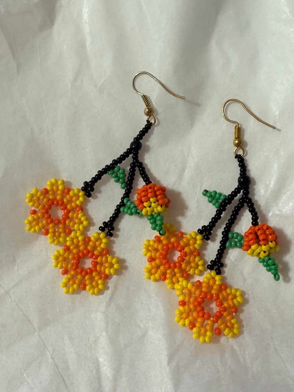 Handmade Beaded Floral Drop Earrings - Yellow & Orange